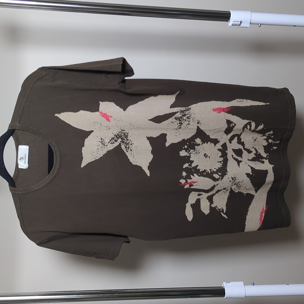 Y's Yohji Yamamoto t-shirt. Size 3. Brown with floral print and red accents.